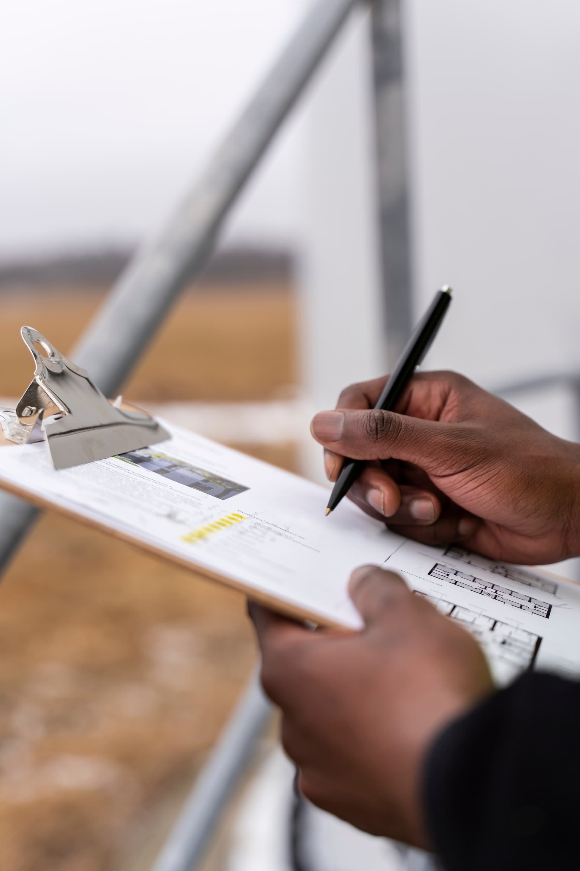 Surveyor writing notes on a clipboard at construction site
