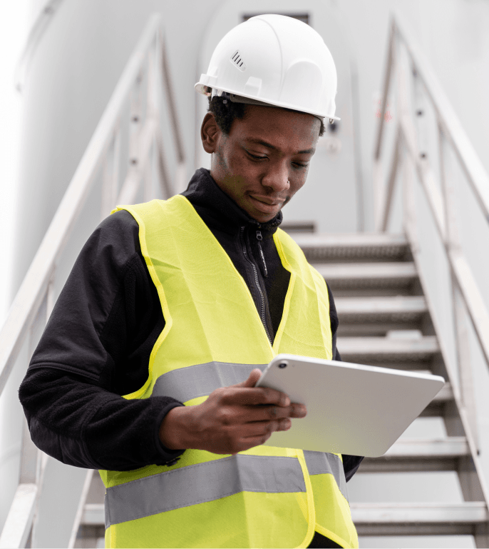 Construction surveyor in yellow safety vest and white hard hat inspecting site